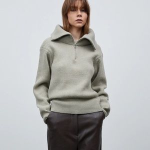 Source Unknown Half Zip Ribbed Wool Sweater in Olive Khaki